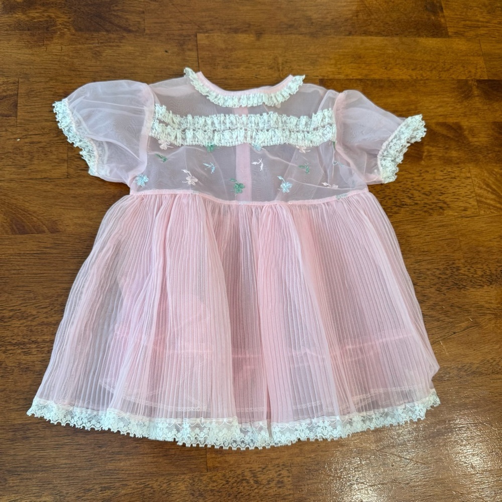 Vintage Pink Sheer Baby Dress with Lace Trim size 1 12 months